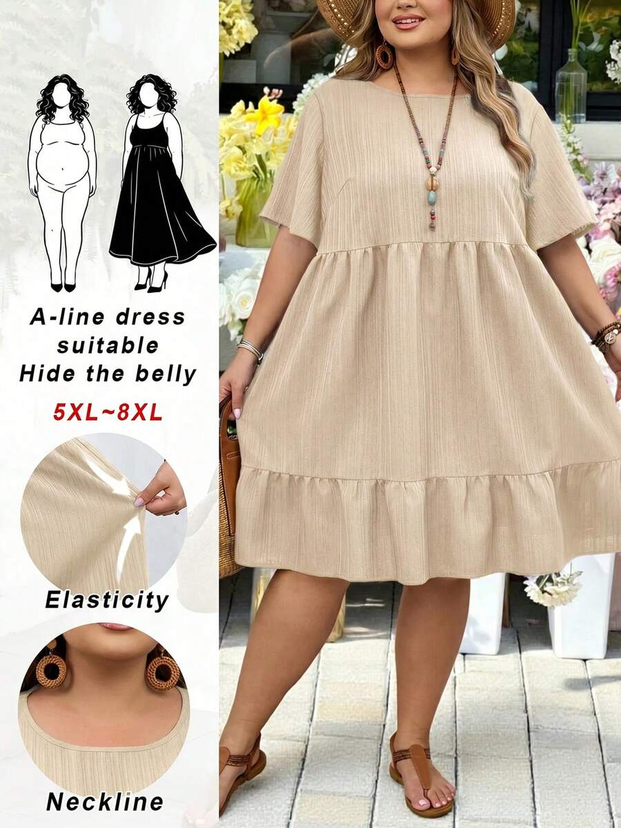 SHEIN CURVE+ Curve Size US22音樂節、海邊度假、波希米亞度假休閒純色短袖洋裝,夏季女裝、復活節女裝、波希米亞、Rave穿搭、復活節大尺碼穿搭、鄉村演唱會穿搭 - 杏色 - 查看 1