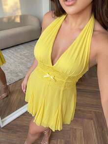 Hourglow Plus Size Women Vacation Contrast Lace Halter Neck Dress, For Hourglass Body Shape Holiday Yellow Summer Cute Kawaii - Yellow - View 5