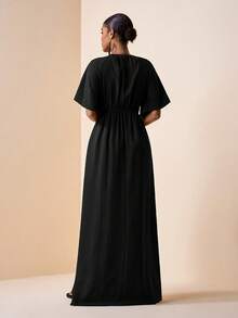 Zivah Elegant Sexy Casual Jamican Pastal Summer Vacation Maxi Dress Women's Loose Round Neck Short Sleeve Ruffle Hollow Waist Linen Textured Boho Long Black - Black - View 2