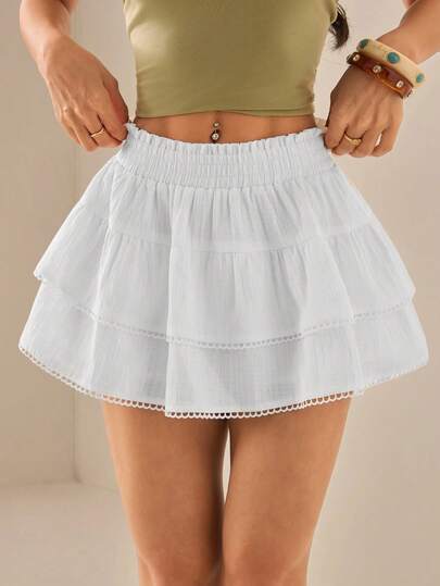 SHEIN PETITE Women's French Style Sweet Double-Layer Ruffle Hem Mini Skirt