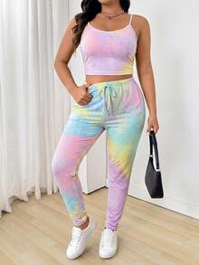 SHEIN EZwear 大码扎染印花吊带背心和裤子两件套（扎染图案随机） - 彩色 - 查看 4