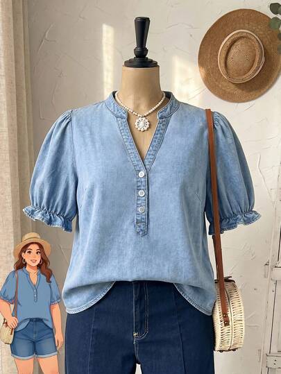 Rusticease Plus Size Women's Fashionable Vintage Washed Denim Short Sleeve Blouse,Plus Size Light Wash Denim Blouse With Puff Sleeves,Casual V-Neck Denim Top With Button Placket And Ruffled Cuffs,Vintage Wash Denim Henley Shirt With Balloon Sleeves,A Light Wash Denim Blouse Featuring A V-Neck Henley Placket, Puff Sleeves With Ruffled Cuffs, And A Relaxed Fit. A Feminine, Everyday-Ready Piece,DenimBlouse, PlusSize, LightWashDenim, PuffSleeves, VNeck, HenleyStyle, FeminineStyle, EverydayOutfit