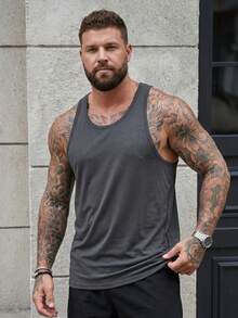 DRIVNCORE Plus Size Men's Solid Color Crew Neck Sleeveless Casual Tank Top - Dark Grey - View 3