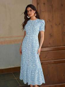 ZEYLAH Short Sleeve Vacation Embroidered Long Dress - Blue - View 6