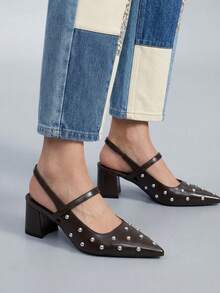 CUCCOO GRLICON Talons hauts décoratifs de style punk locomotive pour femmes avec rivets pointus marron. Tenue à la mode Y2K, parfaite pour les vacances, l'été et les voyages. - Tabac - Voir 7