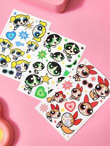 THE POWERPUFF GIRLS X SHEIN 卡通超级英雄女孩临时纹身贴纸套装，4张可爱角色假纹身贴纸，防水可移除纹身贴纸包，适合派对礼品 - 彩色 - 查看 5