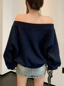 Joudiya Women Off Shoulder Long Sleeve Sweatshirt,Long Sleeve Tops,Fall Clothes - Navy Blue - View 5