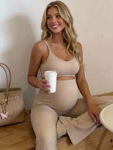 SHEIN Maternity Solid Color Sports Bra And Flare Pants Set,Word Cup - Khaki - View 3