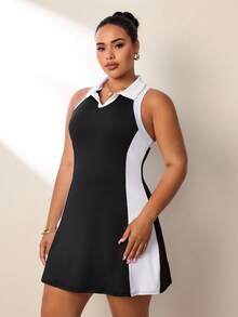 SHEIN Rhythm Era 大码女式夏季撞色V领露背收腰无袖运动连衣裙 - 黑與白 - 查看 3