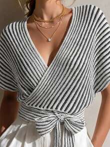 Balvessa Striped V-Neck Criss-Cross Wrap Tie Bow Knit Cropped Cardigan - Multicolor - View 5