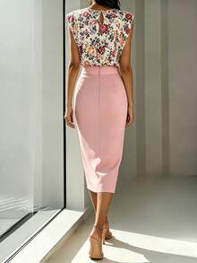 SHEIN Women's Standard Size Floral Print 2-Piece Set, Round Neck T-Shirt Sleeveless Top Side Slit Skirt With Waist Button, Casual Elegant Summer Outfit - Multicolor - View 2