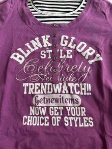 INAWLY 2-In-1 Cinched Waist Women Slogan Striped Short Sleeve T-Shirt - Purple - View 3