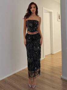 SHEIN Allurite Women's Rhinestone Decorated Bandeau Top - Black - View 7