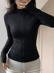 DAZY Spring Summer Black Polka Dot Outdoor Raglan Sleeve Slim Fit Waist-Cinched Sports Jacket - Black - View 1