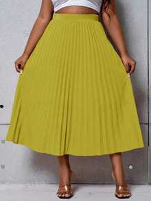 SHEIN Clasi Plus Size Solid Color Elegant Pleated Zip-Up Skirt, Spring/Summer - Yellow - View 3