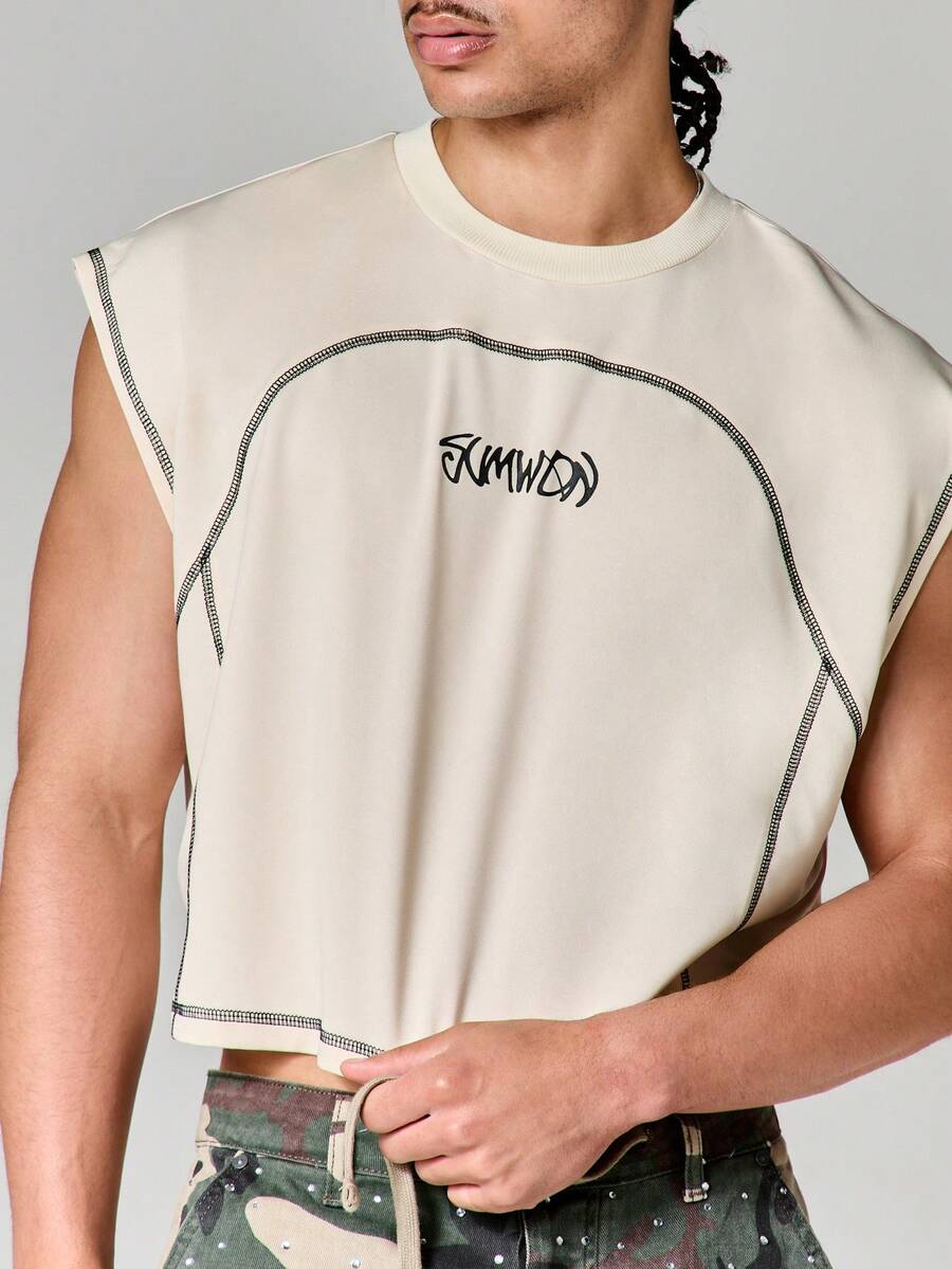 SUMWON Áo croptop không tay với đường may tương phản và logo in trên cổ tròn, dáng rộng, là item không thể thiếu cho mùa hè. - Màu be - Xem 1