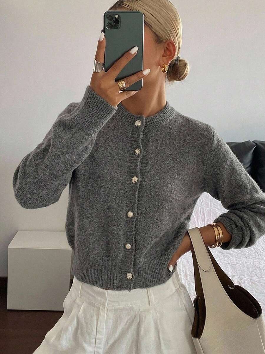 DAZY Women Solid Color Front Button Long Sleeve Casual Knit Cardigan,Long Sleeve Tops,Fall Clothes - Grey - View 1