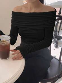 DAZY Women's Plain Off-Shoulder T-Shirt Long Sleeve Women Tops - Black - View 4