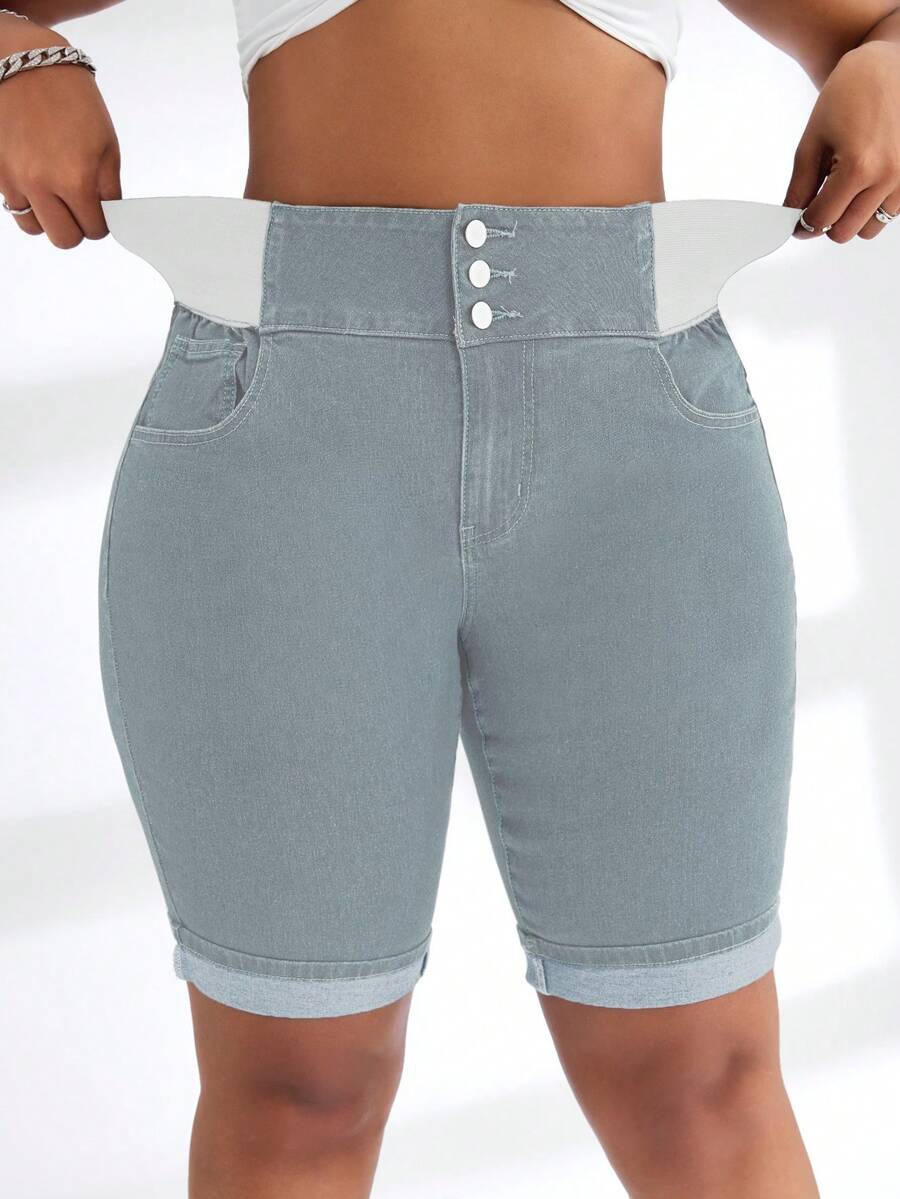 SHEIN SXY Pantalones cortos vaqueros de pierna ancha con bolsillos en diagonal, botones y contraste elástico de talla grande - Gris - Ver 1