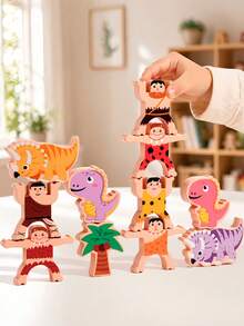 MINKOJA Kids Wooden Caveman & Dinosaur Stacking Balancing Toy With Double-Sided Challenge Cards Focus & Hand-Eye Coordination Training Parent-Child Interactive Educational STEM Building Blocks - Multicolor - View 3