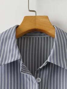 Franclia Women's Drop Shoulder Long Sleeve Button Front Striped Casual Shirt - Grey - View 5