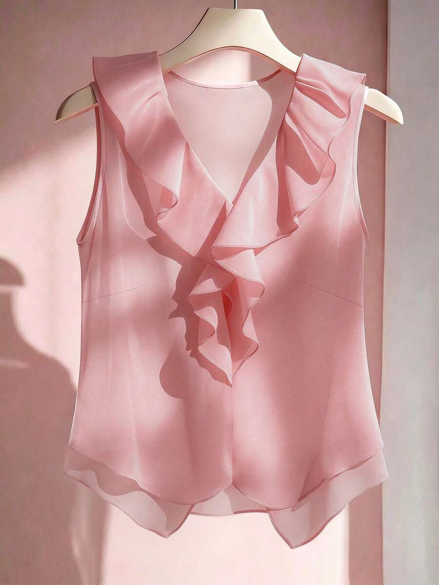 Franclia 女式纯色荷叶边V领无袖衬衫 - 粉色 - 查看 1