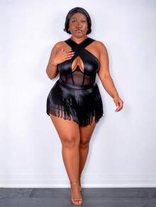 CurvyTilda Plus Size Plain Cross Contrast Mesh Bodysuit Vacation Summer, For Hourglass Body Shape - Black - View 3