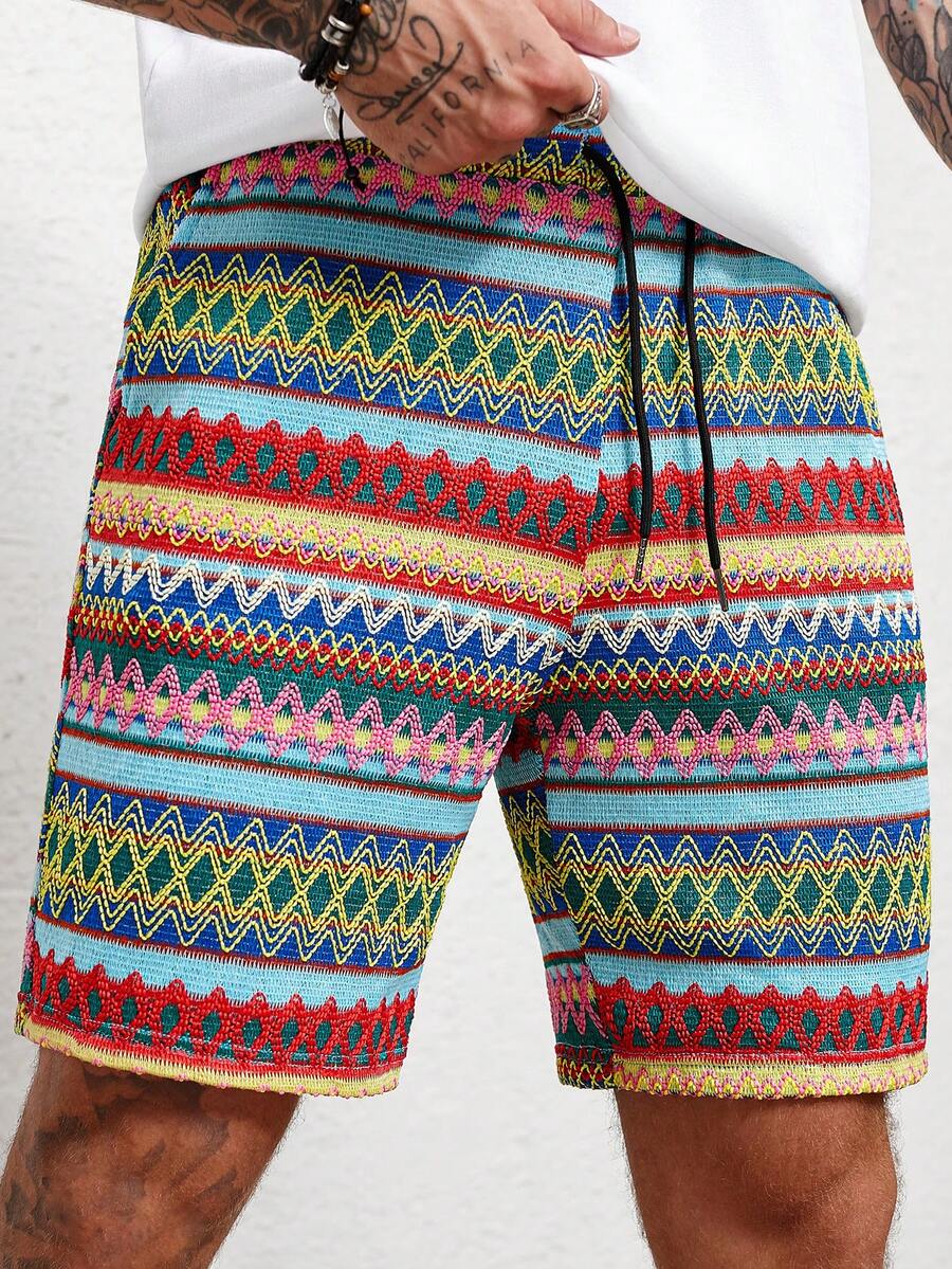 Manfinity RSRT Men's Colorful Embroidered Drawstring Waist Pocket Casual Shorts, Holiday - Multicolor - View 1