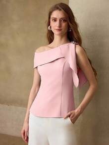 MOTF PREMIUM Blusa de mujer con cuello asimétrico, decoración floral con diamante de imitación - Rosa - Ver 6