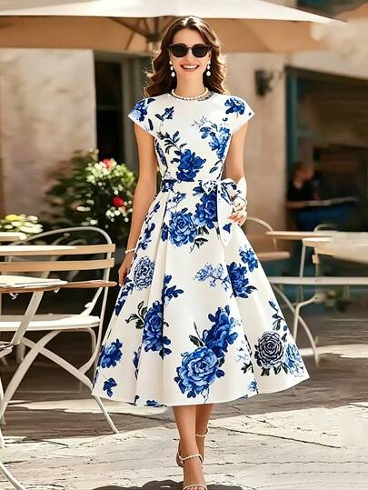 Balvessa Women's Floral Print Round Neck Short Sleeve Midi Dress, Summer