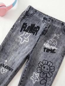Bubblio Baby Girl Cute Street Style Casual Cute Versatile Printed Pattern Elastic Waist Long Pants Back-To-School Baptism Graduation  School Grey Autumn - Multicolor - View 9