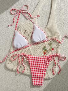 Swim Mod 女款新款羅紋布料海洋印花掛脖露背比基尼套裝，三角泳褲，春夏海灘派對白色可愛慕尼黑啤酒節性感 - 彩色 - 查看 4