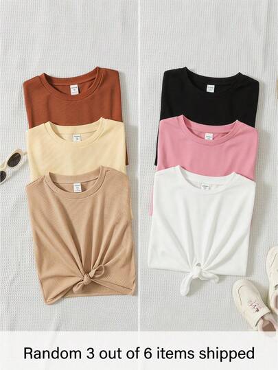 SHEIN Kids/Tween Girls' 6pcs Surprise Mystery Box, 3pcs Random Delivery, Fashionable Ribbed Solid Color Khaki, Coffee Crew Neck Cropped Twist Casual T-Shirt