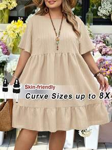 SHEIN CURVE+ Curve Size US22音樂節、海邊度假、波希米亞度假休閒純色短袖洋裝，夏季女裝、復活節女裝、波希米亞、Rave穿搭、復活節大尺碼穿搭、鄉村演唱會穿搭 - 杏色 - 查看 6