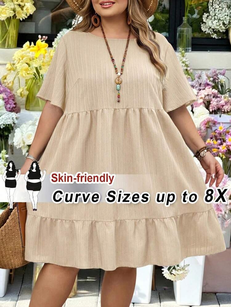 SHEIN CURVE+ Curve Size US22音樂節、海邊度假、波希米亞度假休閒純色短袖洋裝，夏季女裝、復活節女裝、波希米亞、Rave穿搭、復活節大尺碼穿搭、鄉村演唱會穿搭 - 杏色 - 查看 6