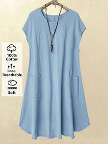 Rusticease Plus Size Women Summer Casual Vacation Round Neck Short Sleeve Solid Color Blue Dress With Pockets,Summer Vacation - Baby Blue - View 6