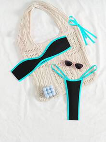 Swim SXY 女款拼色包邊細肩帶掛脖可拆式肩帶性感丁字褲兩件式比基尼套裝 - 彩色 - 查看 3