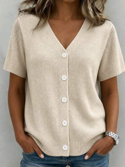 SHEIN Cárdigan básico de punto fino de unicolor, de corte ajustado, de manga corta y escote en V en color albaricoque, para uso casual y de oficina, elegante atuendo de mujer para el verano y vacaciones
