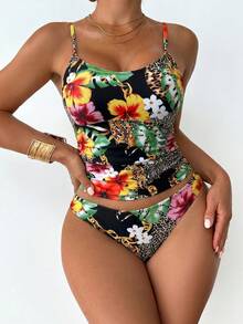 Swim Lushoire 豹纹可调节肩带性感女士背心吊带比基尼套装，夏季 - 彩色 - 查看 3