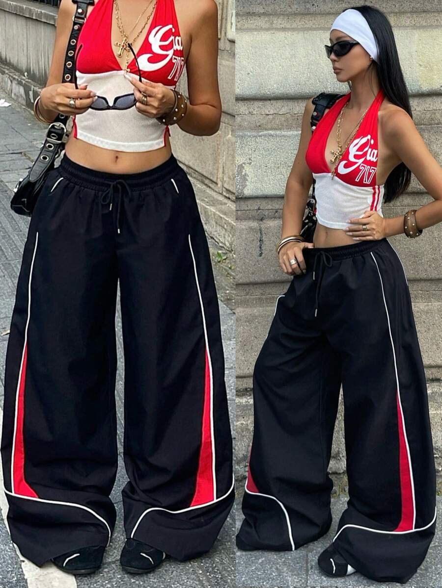 Coolane 女士秋冬街头风复古节日外出返校基本日常穿搭必备黑色阔腿裤 - 黑色 - 查看 1