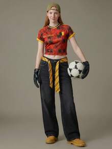 Elnivra 2026 Football World Cup Belgium Soccer Jersey Style Women's Cropped T-Shirt,Blue White Stripe,Summer,Streetwear,City Break Retro Fan Top Outfit - Multicolor - View 5