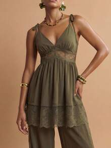 Zivah 2026 Elegant Bohemian Style Beach Vacation Vacation Sheer Chiffon Contrast Lace Set, Camisole Top+Lantern Pants, Lantern Olive Green Summer - Army Green - View 4
