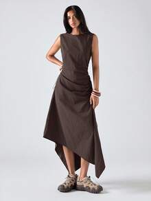 SHEIN EZwear 大码巧克力棕色不对称下摆无袖休闲夏季连衣裙 - 巧克力棕 - 查看 10
