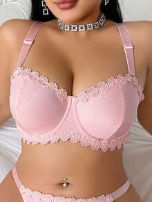 SHEIN Elacene Plus Size Embroidered Underwire Bra Hot Pink Summer - Pink - View 5