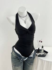 Flirla Women's V-Neck Front Twist Sexy Casual Minimalist Bodysuit, Spring/Summer Night Out Club Black - Black - View 3