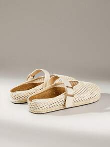 Solecia Women's Spring And Summer Hollow Woven Mesh Square Buckle Design Woven Hemming Flat Bottom Breathable Light And Comfortable Apricot Women's Casual Shoes Suitable For Travel, Vacation And Travel - Apricot - View 10