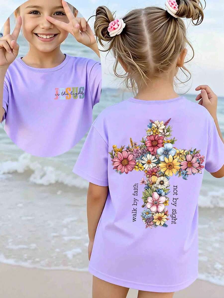Girls' Casual Colorful Floral & Cross Graphic Tee, Comfortable Daily Wear For Spring, Summer & Autumn - Purple - View 1