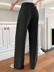 Designer Women's Solid Color Front Button Straight Leg Casual Pants - Black - View 4