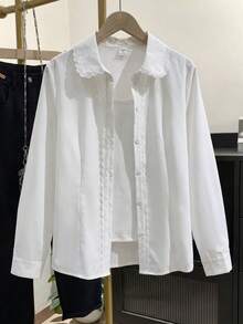 Teen Girl Casual Everyday Versatile Comfortable Collared Ruffle Trim Blouse Fall/Winter Outfits - White - View 4