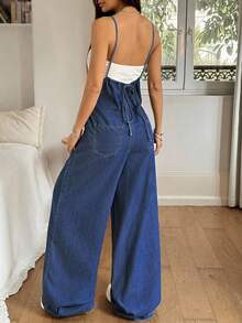Rivivi 女士夏季休闲露背阔腿牛仔连体裤 - 深色水洗藍 - 查看 2